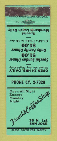 Matchbook Cover - Frank's Coffee Shop San Jose CA WEAR