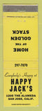 Matchbook Cover - Happy Jack's Restaurant San Jose CA WEAR