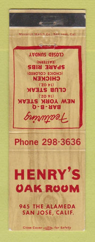 Matchbook Cover - Henry's Oak Room San Jose CA restaurant WEAR