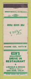 Matchbook Cover - Ken's Drive In Restaurant San Jose CA