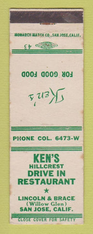 Matchbook Cover - Ken's Drive In Restaurant San Jose CA