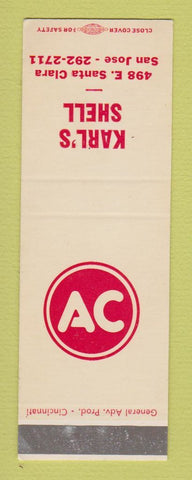 Matchbook Cover - AC Spark Plugs Karl's Shell oil gas San Jose CA SAMPLE