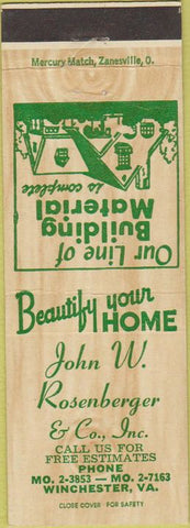 Matchbook Cover - John Rosenberger Lumber Winchester VA