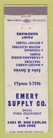 Matchbook Cover - Emery Supply Massey Harris Tractors San Jose CA WEAR