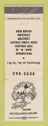 Matchbook Cover - Henry's Oak Room San Jose CA WEAR