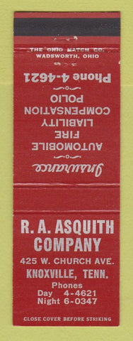 Matchbook Cover - RA Asquith Insurance Knoxville TN