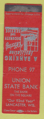 Matchbook Cover - Union State Bank Lancaster WI low phone # WEAR