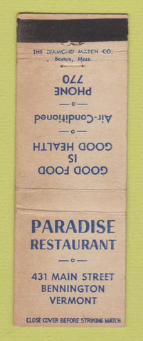 Matchbook Cover - Paradise Restaurant Bennington VT low phone # WEAR