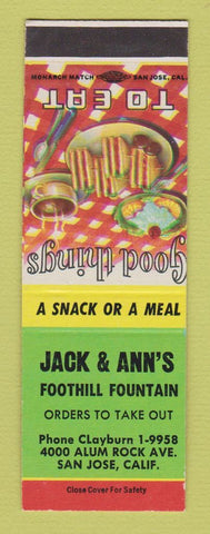 Matchbook Cover - Jack & Ann's Fountain San Jose CA SAMPLE