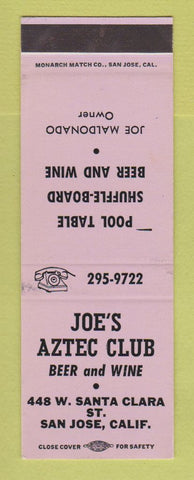 Matchbook Cover - Joe's Aztec Club San Jose CA billiards SAMPLE