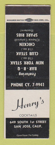 Matchbook Cover - Henry's Cocktails San Jose CA SAMPLE