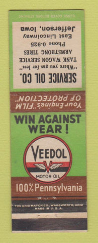 Matchbook Cover - Veedol oil gas Service Jefferson IA Armstrong Tires