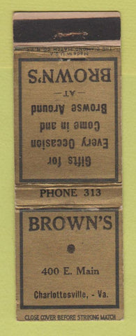 Matchbook Cover - Brown's Gifts Charlottesville VA low phone # WEAR