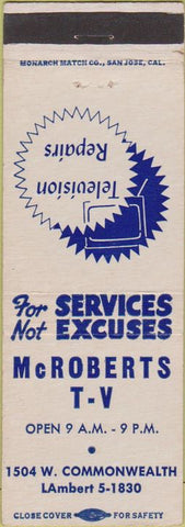 Matchbook Cover - McRoberts TV Television Repair Fullerton CA