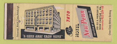 Matchbook Cover - Hotel New Penn New Castle PA