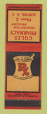 Matchbook Cover - Coles Pharmacy Drug Store Sanford NC low phone #