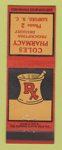 Matchbook Cover - Coles Pharmacy Drug Store Sanford NC low phone #