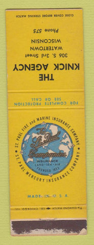 Matchbook Cover - Knick Insurance Agency Watertown WI low phone # WORN