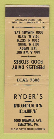 Matchbook Cover - Ryder's Dairy Products Lemoyne PA