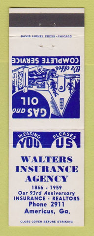 Matchbook Cover - Walters Insurance Agency Americus GA