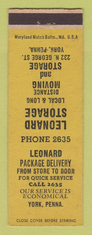 Matchbook Cover - Leonard Storage Moving York PA