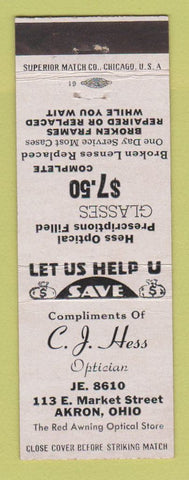 Matchbook Cover - CJ Hess Optician Optical Akron OH