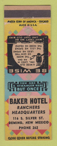 Matchbook Cover - Baker Hotel Deming NM owl low phone #