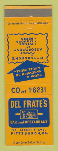 Matchbook Cover - Del Frate's Restaurant Bar Pittsburgh PA