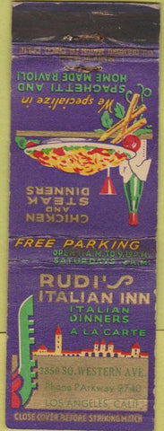 Matchbook Cover - Rudi's Italian Inn Los Angeles CA WEAR