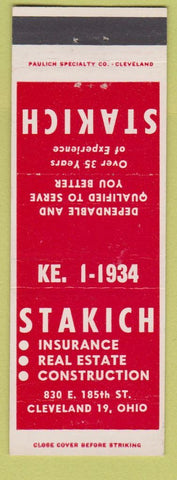 Matchbook Cover - Stakich Insurance Ral Estate Cleveland OH