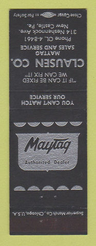 Matchbook Cover - MAytag Appliances Clausen New Castle PA BLACK