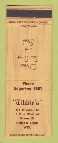 Matchbook Cover - Tibbie's Indian Ford WI