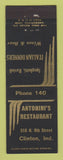 Matchbook Cover - Antonini's Restaurant Clinton IN low phone # Italian