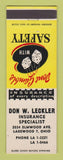 Matchbook Cover - Don Leckler Insurance Lakewood OH