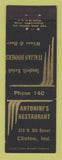 Matchbook Cover - Antonini's Restaurant Clinton IN low phone # Italian