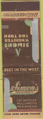 Matchbook Cover - Simon's Restaurants Art Deco Pasadena Hollywood