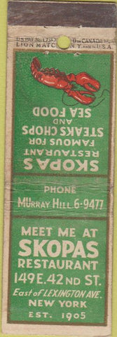 Matchbook Cover - Skopas Restaurant Lobster New York NY