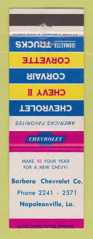 Matchbook Cover - 1963 Chevrolet Barbera Napoleonville LA