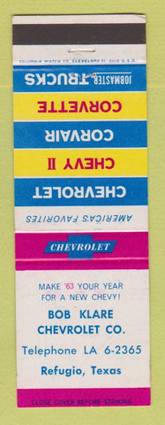 Matchbook Cover - 1963 Chevrolet Bob Klare Refugio TX