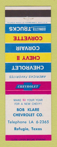 Matchbook Cover - 1963 Chevrolet Bob Klare Refugio TX