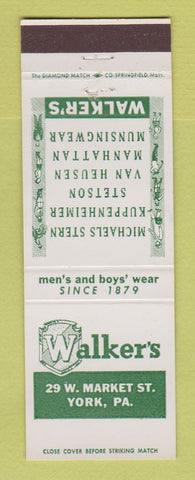 Matchbook Cover - Walker's Men's Clothes York PA Stetson Kuppenheimer