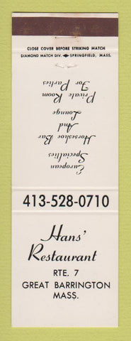Matchbook Cover - Hans' Restaurant Great Barrington MA
