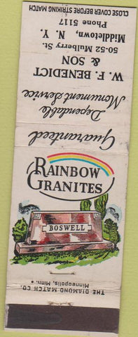 Matchbook Cover - Rainbow Granites Headstones Middletown NY