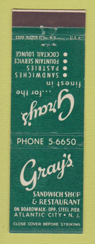 Matchbook Cover - Gray's Restaurant Atlantic City NJ
