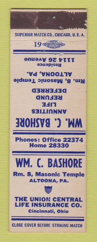 Matchbook Cover - Wm Bashore Union Central Insurance Altoona PA