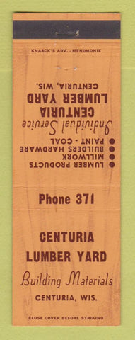 Matchbook Cover - Centuria Lumber Yard Centuria WI low phone #