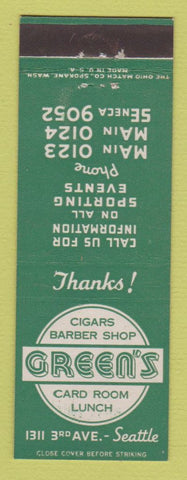 Matchbook Cover - Green's Card Room Cigars Barber Shop Seattle WA