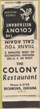 Matchbook Cover - The Colony Restaurant Richmond IN