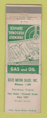Matchbook Cover - Giles Motors Dodge Plymouth Pearisburg VA WORN