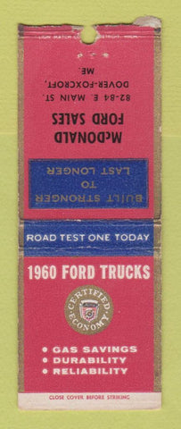Matchbook Cover - 1960 Ford Trucks McDonald Dover Foxcroft ME BOBTAIL